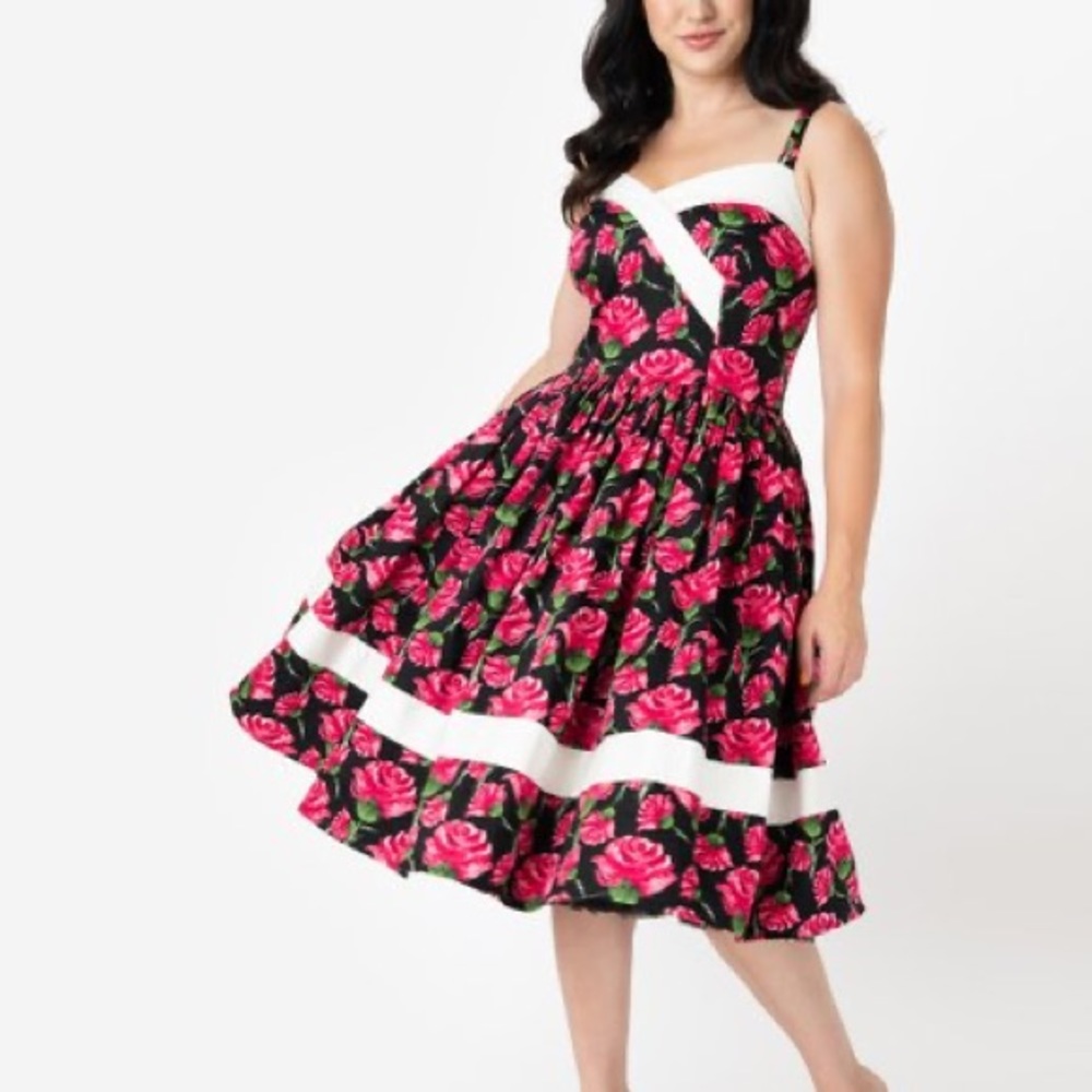 Black & Pink Floral Fit-and-Flare Dress with White Trim